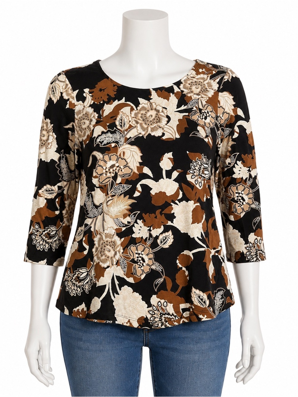 Ruby Rd. Women’s brown, black, white floral 3/4 sleeve top raised white dot Sz M